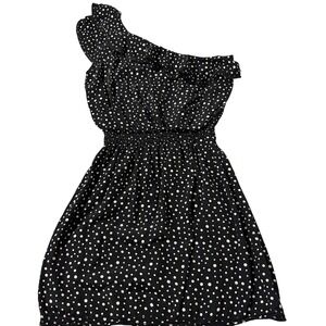 Sophie Max One Shoulder Polka Dot Ruffle Mini Dress Black White LG Lightweight